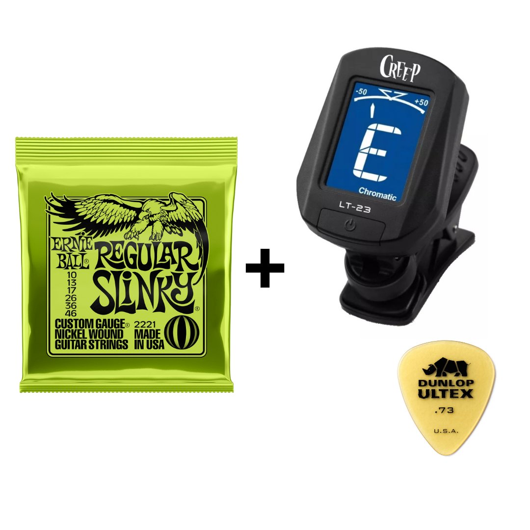 Kit Cuerdas Ernie Ball Afinador Creep Tipo Clip Uñeta Dunlop